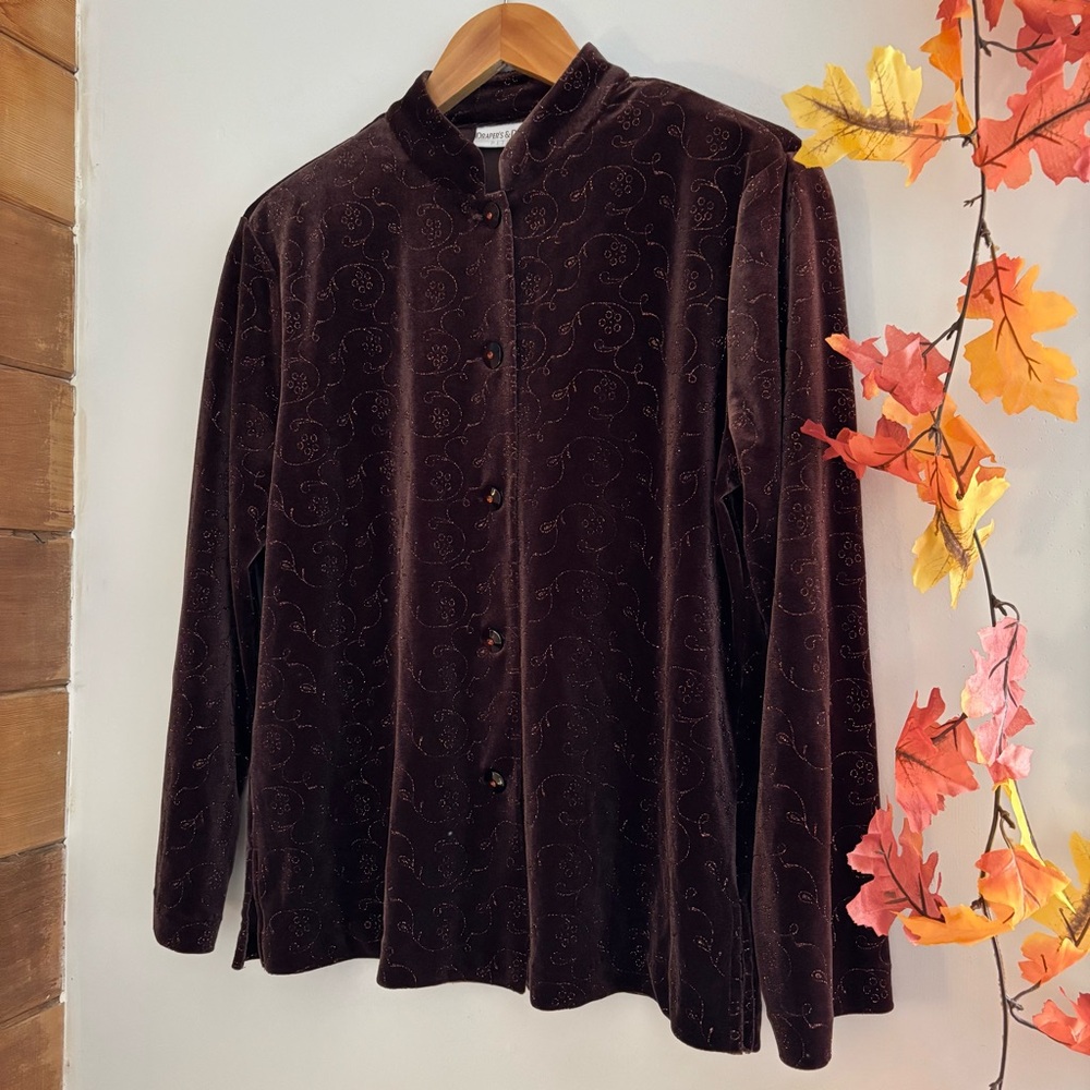Draper’s & Damon's Vintage Brown Velvet Floral Glitter Button Down Shirt Size S - Picture 10 of 11